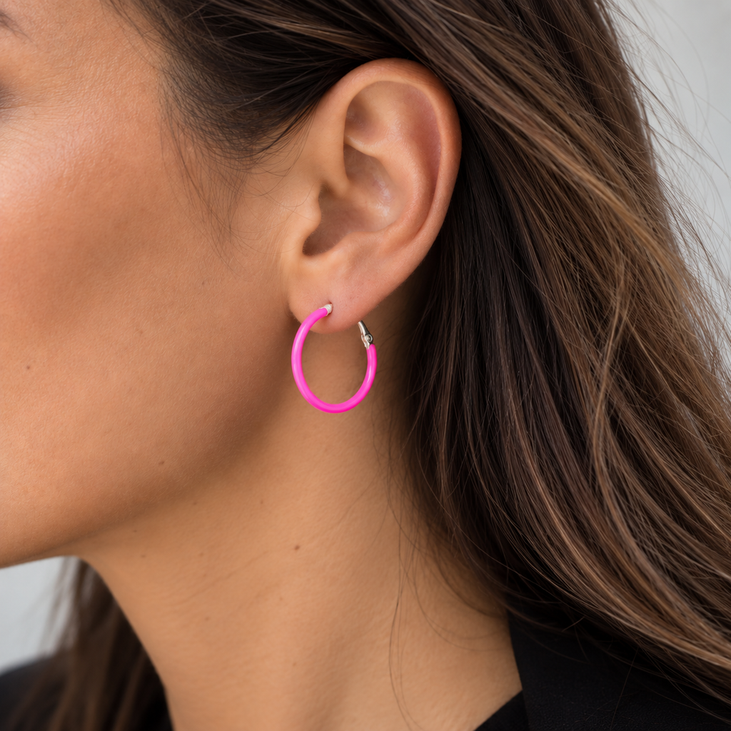 Fuchsia enamel hoop earring