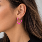 Fuchsia enamel hoop earring