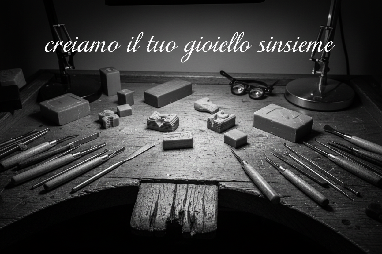 creami una foto in bianco e nero con cere  da orafo con la scritta creiamo il tuo gioiello insieme